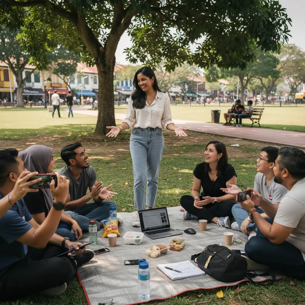 A diverse group of individuals brainstorming content ideas for social media in a modern office environment.