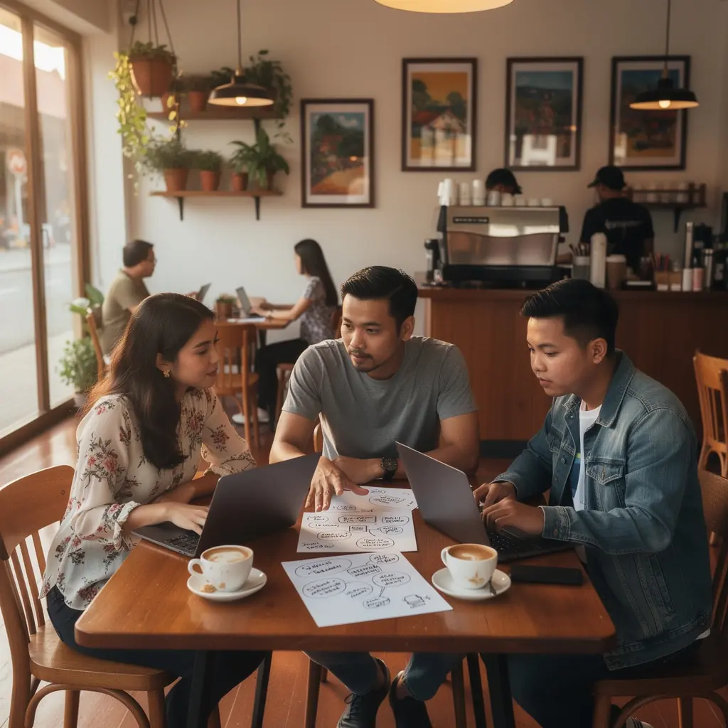 A community event where people are interacting and sharing experiences through social media platforms.