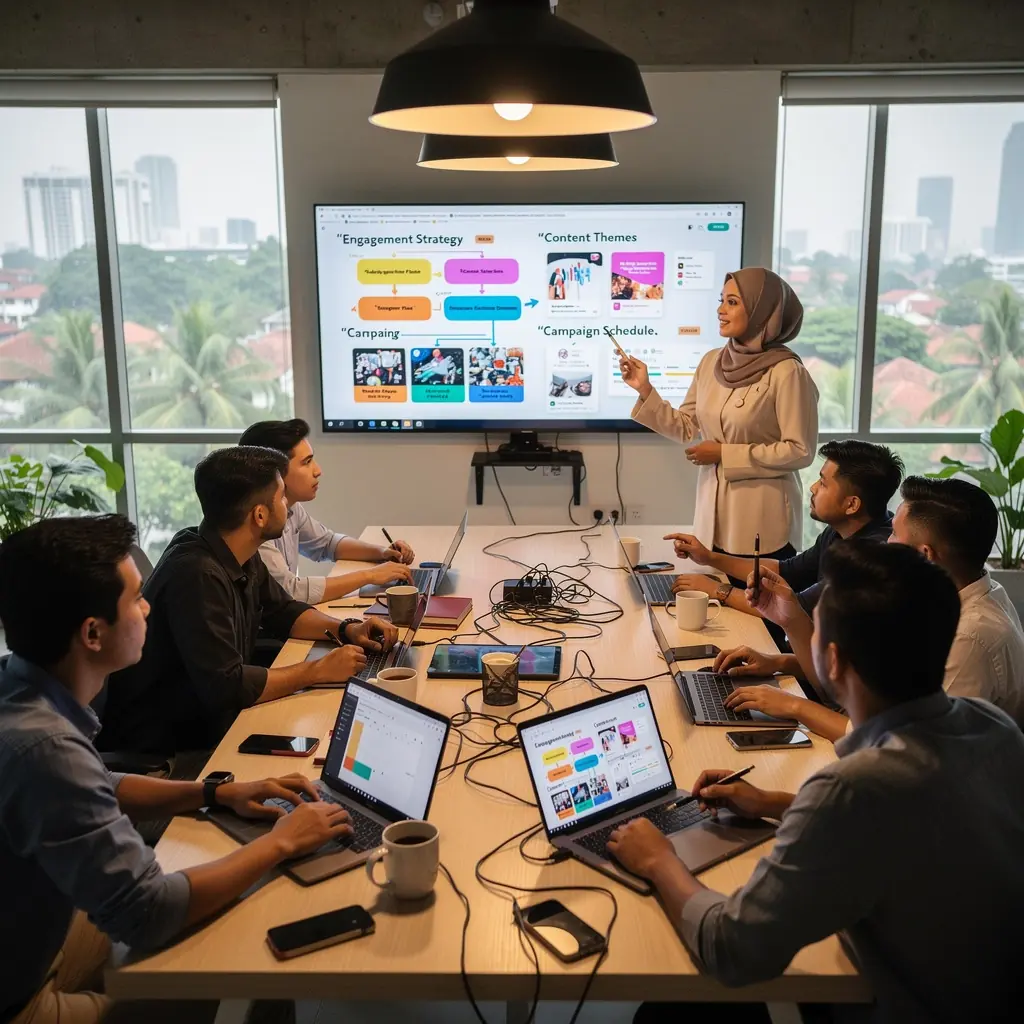 A person using a smartphone to engage with social media posts in a vibrant coffee shop setting.