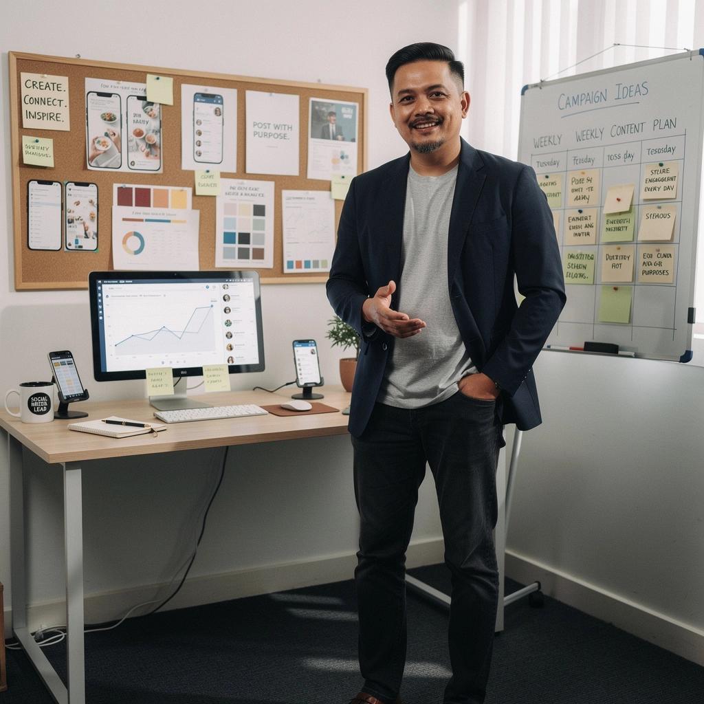 A diverse group of people discussing social media strategies in a modern office setting.